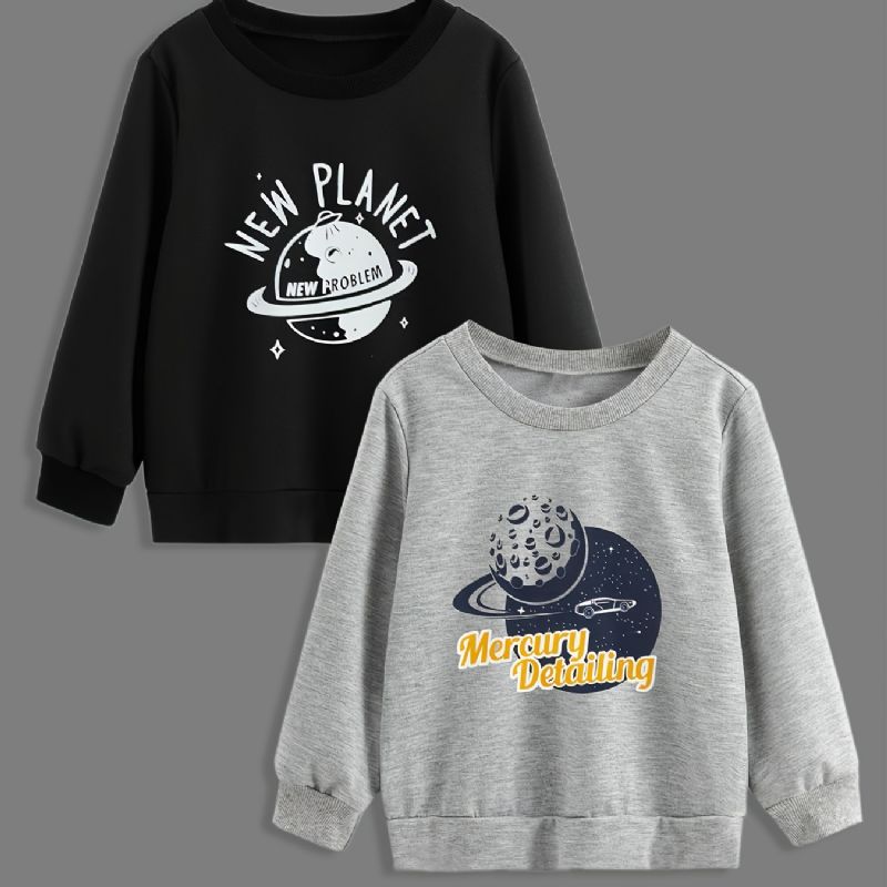 2 Stk Baby Gutter Tegneserie Planet Print Pullover Rundhals Langermet Sweatshirt