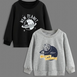 2 Stk Baby Gutter Tegneserie Planet Print Pullover Rundhals Langermet Sweatshirt