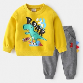 2 Stk Gutter Casual Cartoon Dinosaur Letter Print Termisk Genser Og Joggebukse For Vinteren