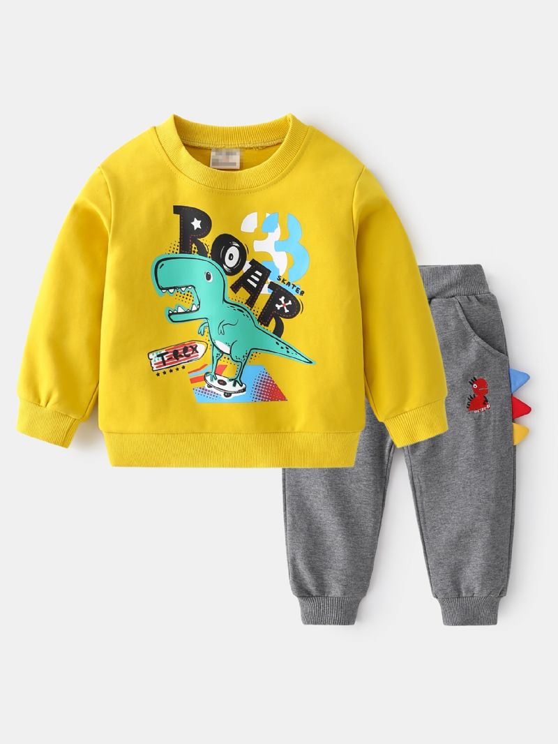 2 Stk Gutter Casual Cartoon Dinosaur Letter Print Termisk Genser Og Joggebukse For Vinteren