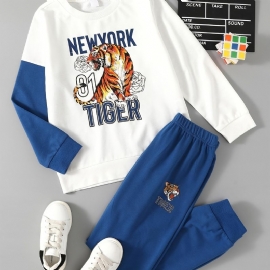 2 Stk Gutter Casual Tiger Print Pullover Sweatshirt & Joggebukser Til Vinter