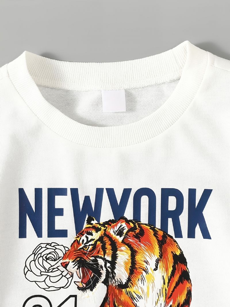 2 Stk Gutter Casual Tiger Print Pullover Sweatshirt & Joggebukser Til Vinter