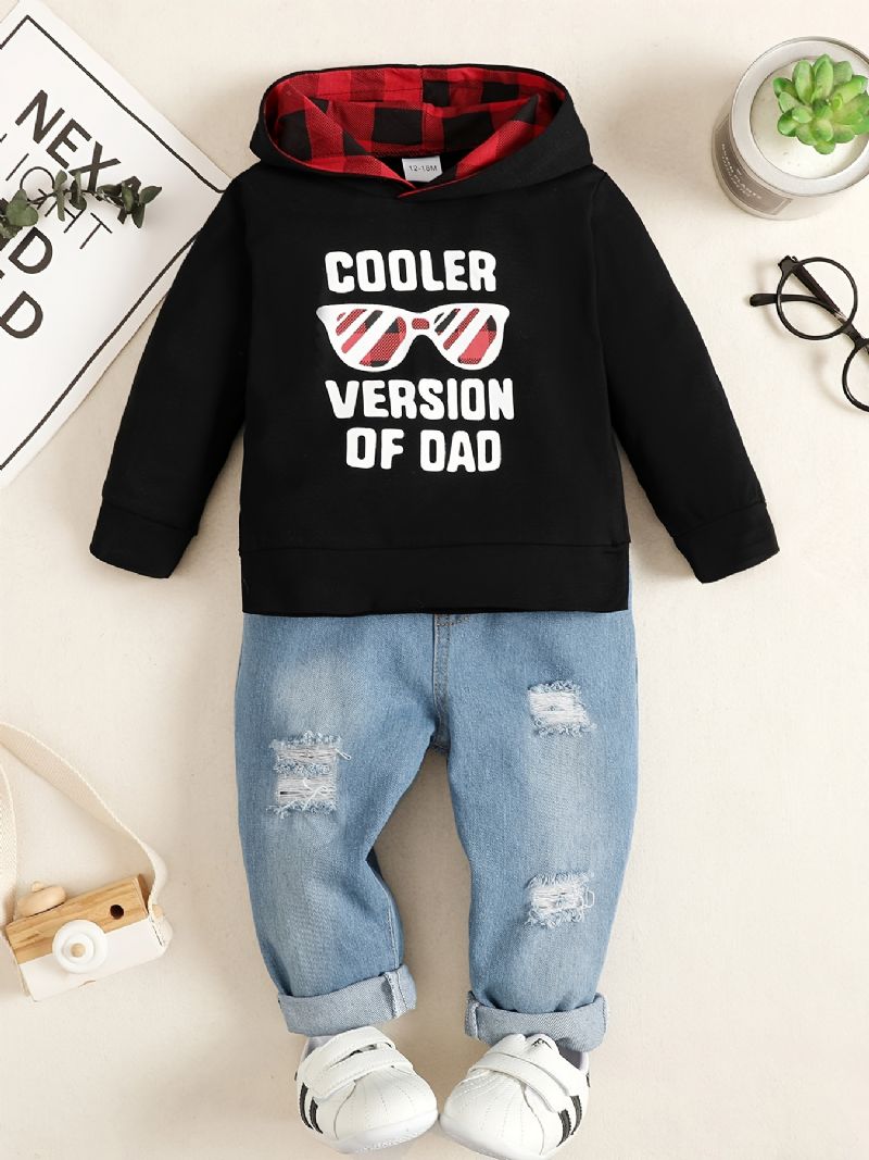 2stk Baby Gutter Hettegenser Brevbriller Print Rund Hals Sweatshirt & Ripped Denim Buksesett Barneklær