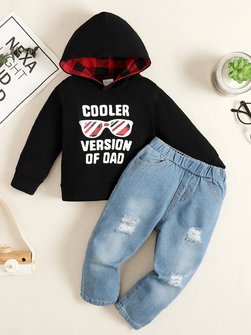 2stk Baby Gutter Hettegenser Brevbriller Print Rund Hals Sweatshirt & Ripped Denim Buksesett Barneklær