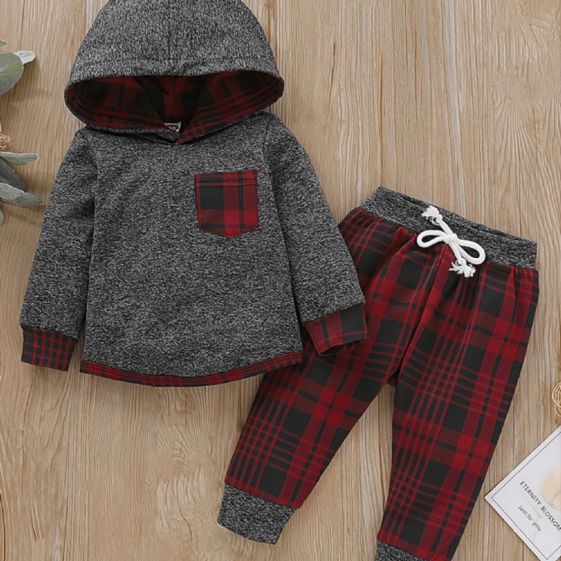 Baby Gutter Color Block Rutete Sweatshirt Med Hette & Snorer Joggebukse For Vinterrød