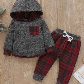 Baby Gutter Color Block Rutete Sweatshirt Med Hette & Snorer Joggebukse For Vinterrød