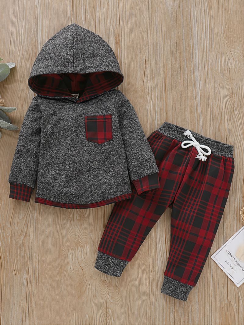 Baby Gutter Color Block Rutete Sweatshirt Med Hette & Snorer Joggebukse For Vinterrød