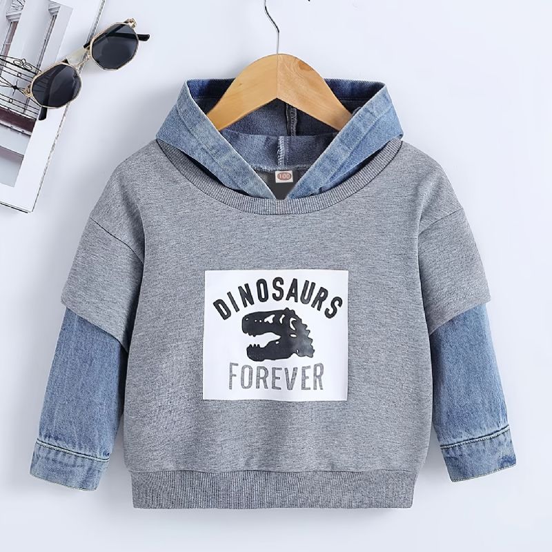 Baby Gutter Hettegenser Tegneserie Dinosaur Brevtrykk Dongeri Spleising Pullover Sweatshirt Barneklær