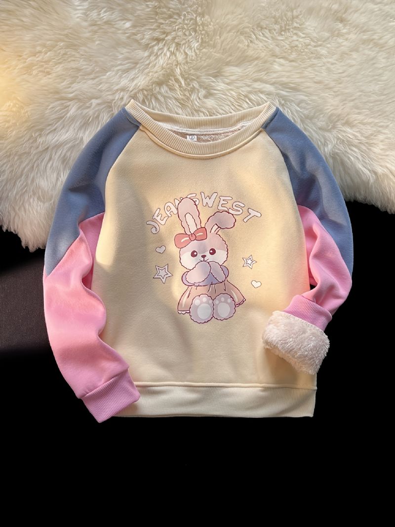 Baby Jenter Plysj Varm Pullover Kanin Grafisk Rundhals Langermet Color Block Sweatshirt Vinter Barneklær