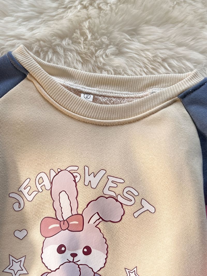 Baby Jenter Plysj Varm Pullover Kanin Grafisk Rundhals Langermet Color Block Sweatshirt Vinter Barneklær