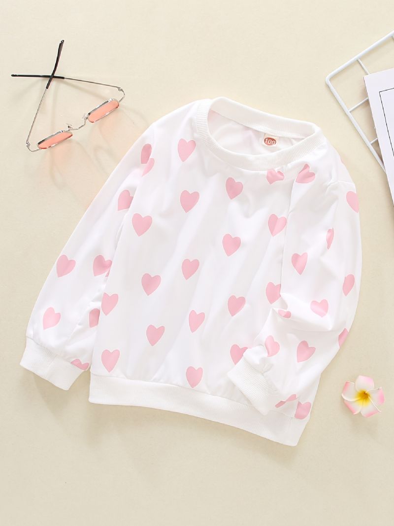 Baby Jenter Pullover Heart Print Crew Neck Langermet Sweatshirt Topp Barneklær