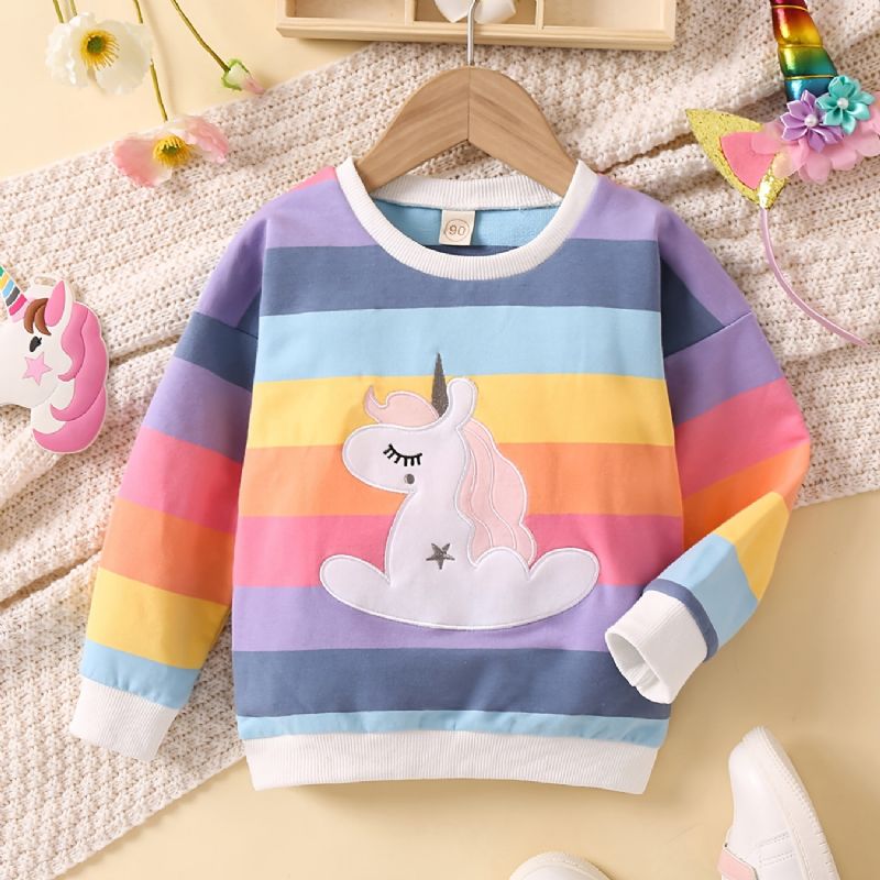 Baby Jenter Pullover Regnbue Stripet Unicorn Brodert Rund Hals Langermet Sweatshirt Overdeler Barneklær