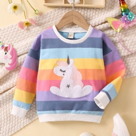 Baby Jenter Pullover Regnbue Stripet Unicorn Brodert Rund Hals Langermet Sweatshirt Overdeler Barneklær