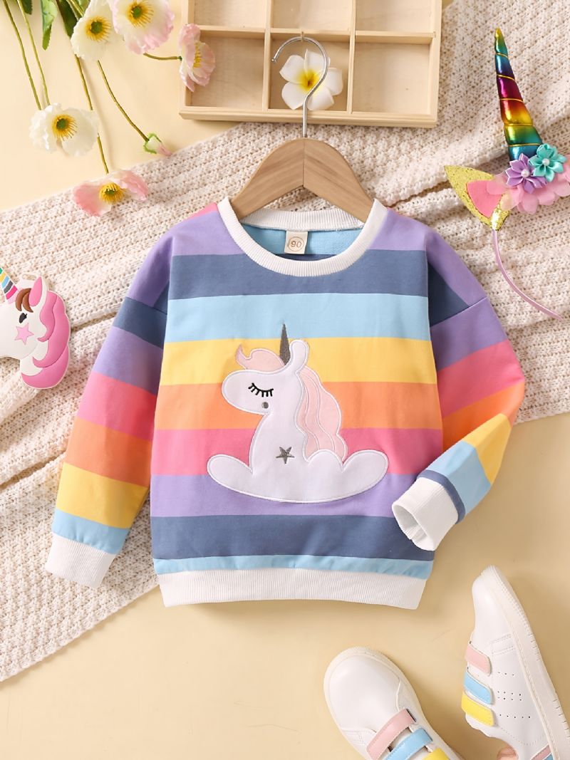 Baby Jenter Pullover Regnbue Stripet Unicorn Brodert Rund Hals Langermet Sweatshirt Overdeler Barneklær