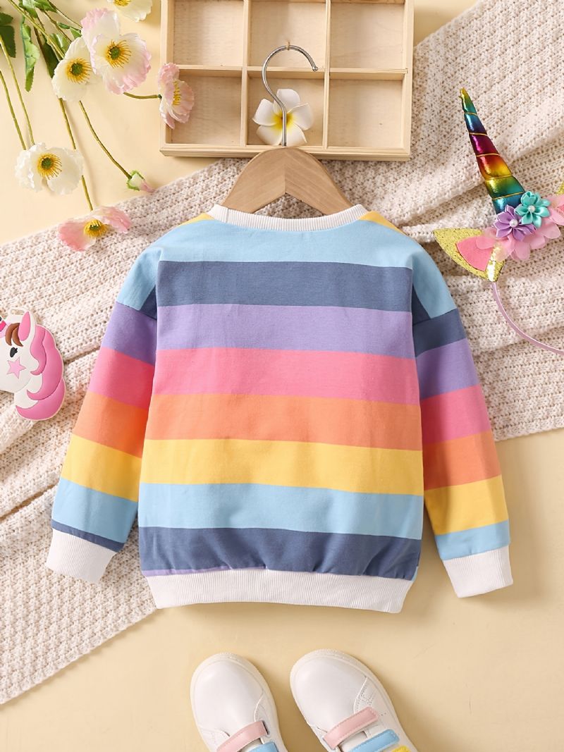 Baby Jenter Pullover Regnbue Stripet Unicorn Brodert Rund Hals Langermet Sweatshirt Overdeler Barneklær