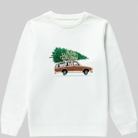 Barn Gutter Cartoon Car Christmas Printed Langermet Pullover Sweatshirt