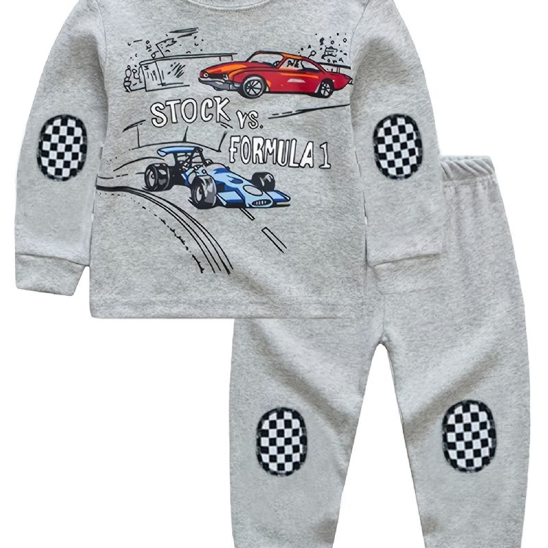 Barn Gutter Pyjamas Cartoon Car Print Plaidsøm Rundhals Langermet Topp Og Buksesett