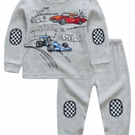 Barn Gutter Pyjamas Cartoon Car Print Plaidsøm Rundhals Langermet Topp Og Buksesett