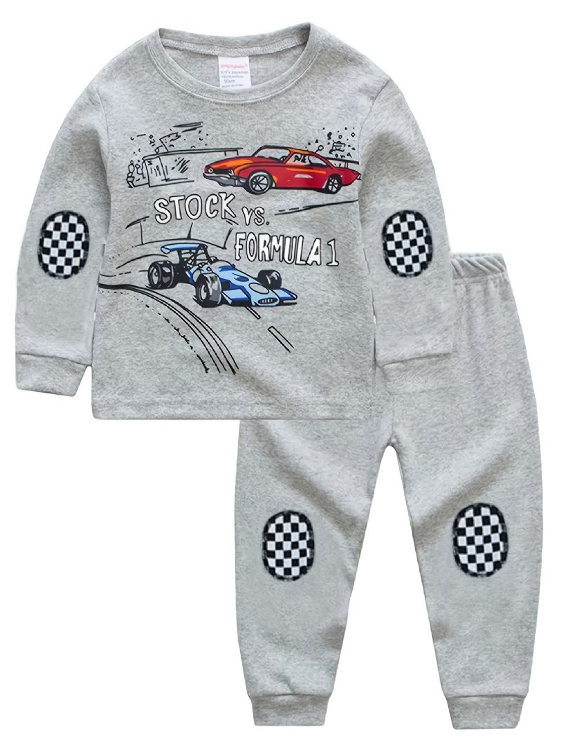 Barn Gutter Pyjamas Cartoon Car Print Plaidsøm Rundhals Langermet Topp Og Buksesett