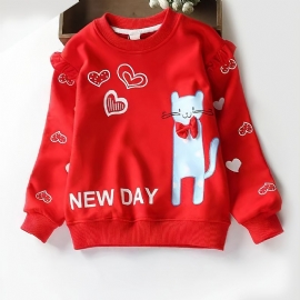 Barnejenter Cat Heart Print Pullover Rundhals Langermet Sweatshirt Barneklær