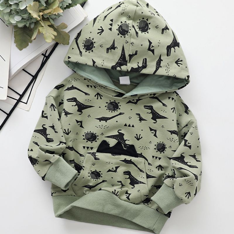 Gutter Barn Tegneserie Dinosaur Print Crewneck Hettegenser Sweatshirt Høst Vinter Varm