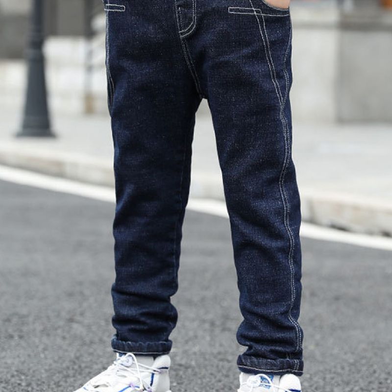 Gutter Casual Active Denim Jeans Med Lomme For Vinter Marineblå & Svart