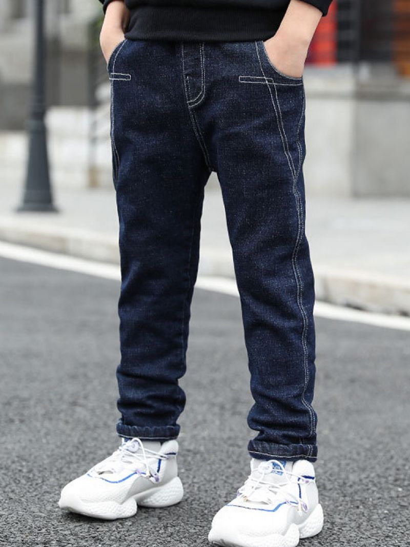 Gutter Casual Active Denim Jeans Med Lomme For Vinter Marineblå & Svart