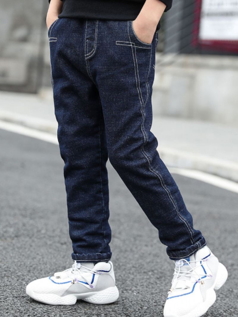 Gutter Casual Active Denim Jeans Med Lomme For Vinter Marineblå & Svart