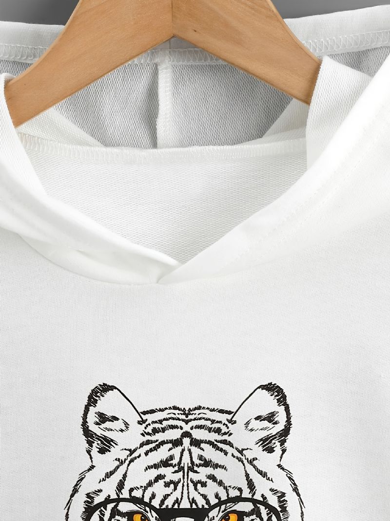 Gutter Casual Tiger Print Hette Genser Langermet Termisk Topper For Vinteren