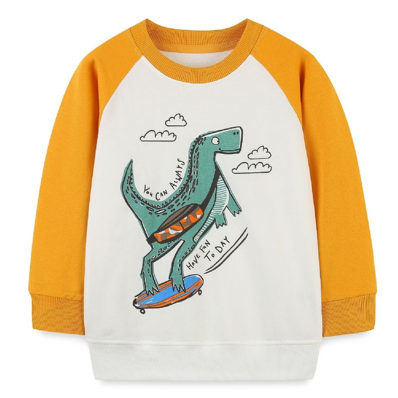 Gutter Dinosaur Tegneserie Print Rundhals Langermet Pullover Sweatshirt Klær
