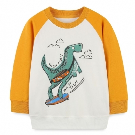 Gutter Dinosaur Tegneserie Print Rundhals Langermet Pullover Sweatshirt Klær