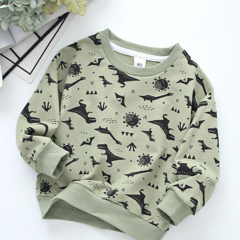 Gutter Full Print Dinosaur Sweatshirt Barne Rund Hals Høst Vinter