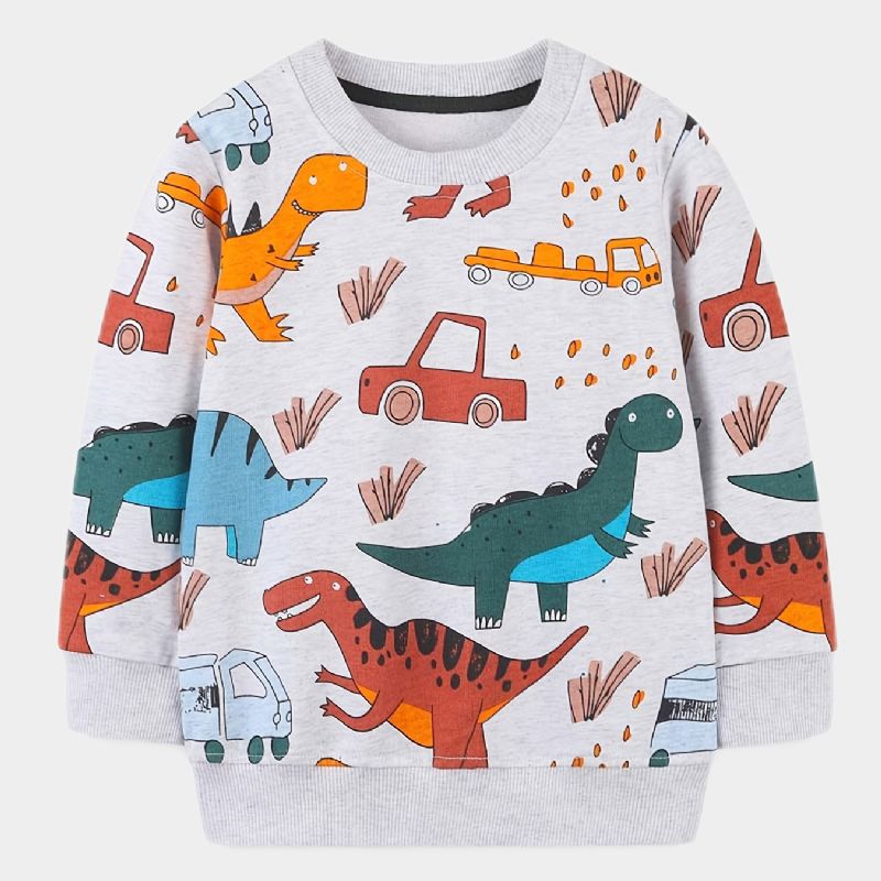 Gutter Tegneserie Dinosaur Print Pullover Rundhals Langermet Sweatshirt