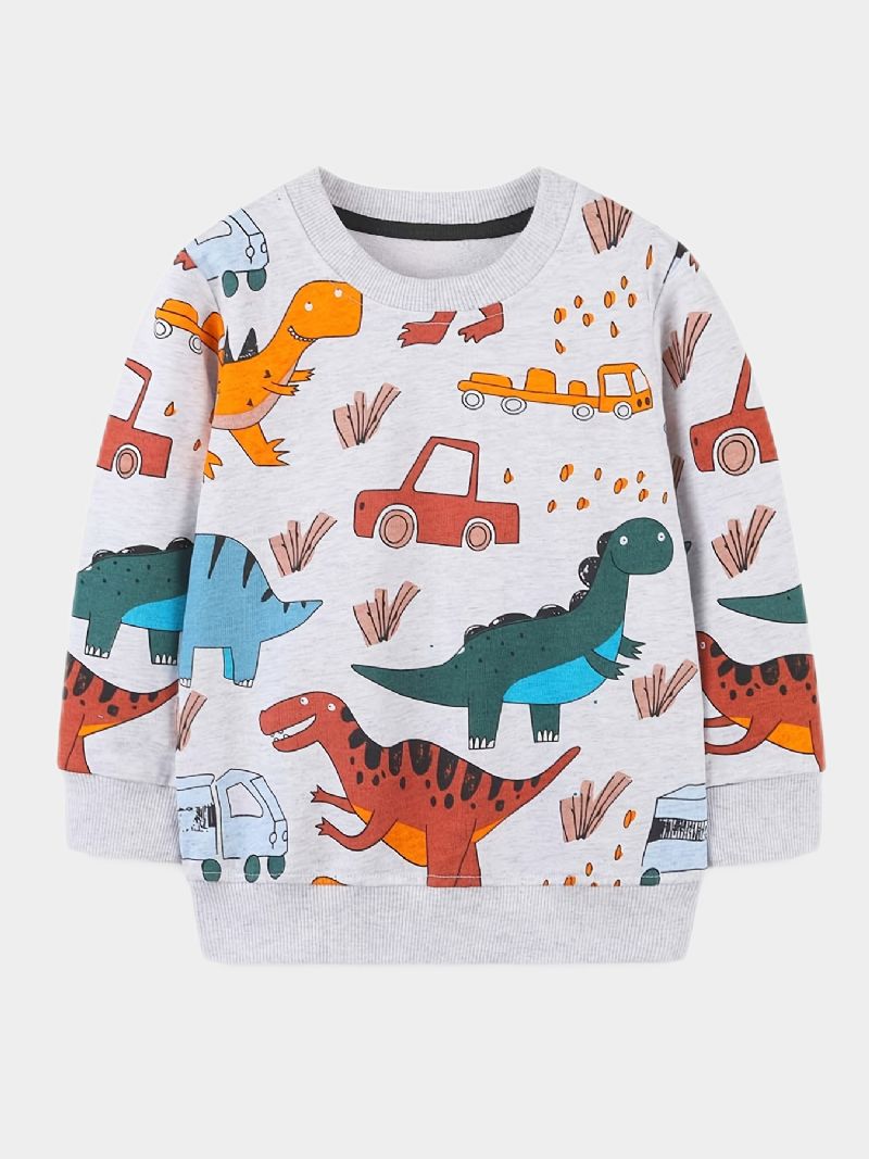 Gutter Tegneserie Dinosaur Print Pullover Rundhals Langermet Sweatshirt