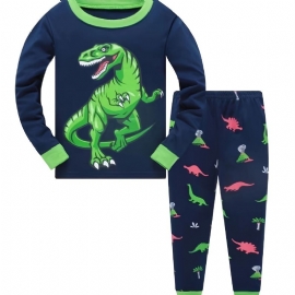 Gutter Uformelt Pyjamassett Med Rund Hals Lounge Wear Homewear Langermet Topp Og Matchende Buksersett Med Dinosaurtrykk