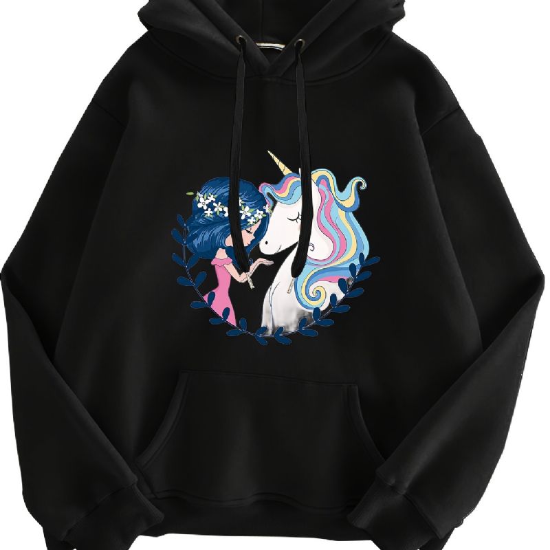 Jent & Unicorn Print Hettegenser Fleece Genser Med Snøring Kengurulomme Aktiv Dameklær