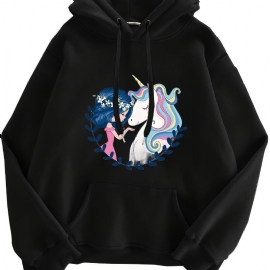 Jent & Unicorn Print Hettegenser Fleece Genser Med Snøring Kengurulomme Aktiv Dameklær