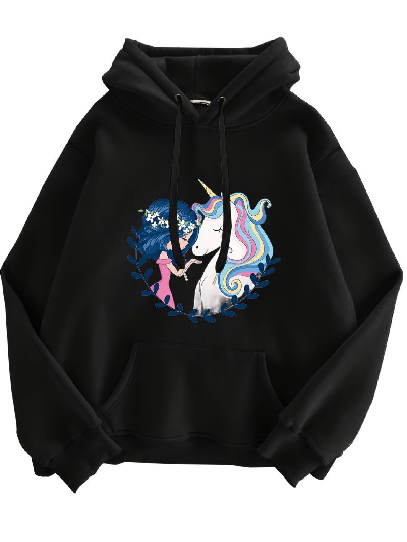 Jent & Unicorn Print Hettegenser Fleece Genser Med Snøring Kengurulomme Aktiv Dameklær