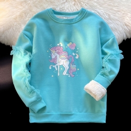 Jente Unicorn Print Fleece Tykning Varm Pullover Rund Hals Blondesøm Langermet Genser Høst Vinter