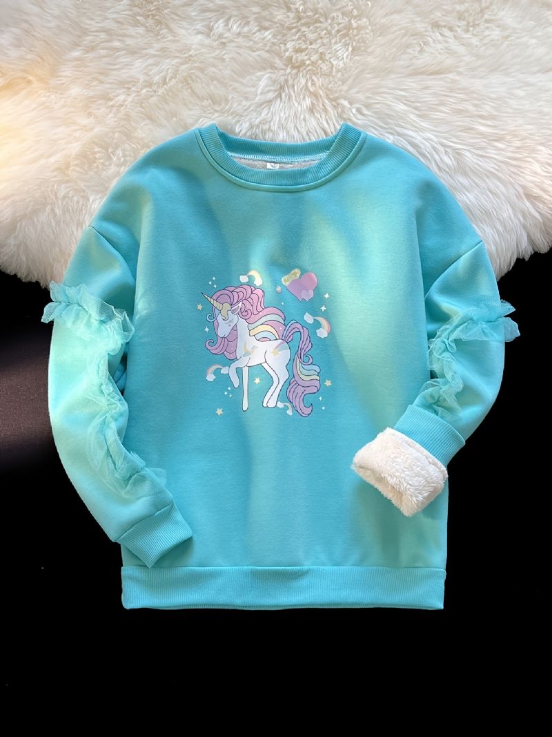 Jente Unicorn Print Fleece Tykning Varm Pullover Rund Hals Blondesøm Langermet Genser Høst Vinter