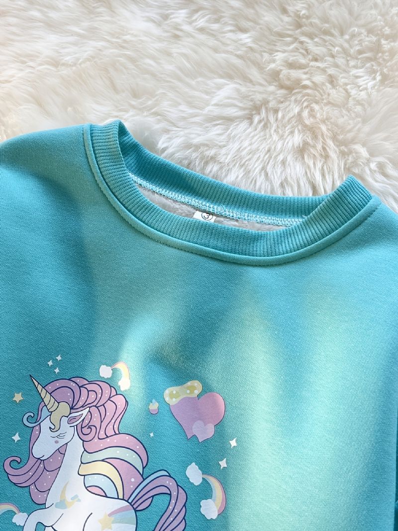 Jente Unicorn Print Fleece Tykning Varm Pullover Rund Hals Blondesøm Langermet Genser Høst Vinter