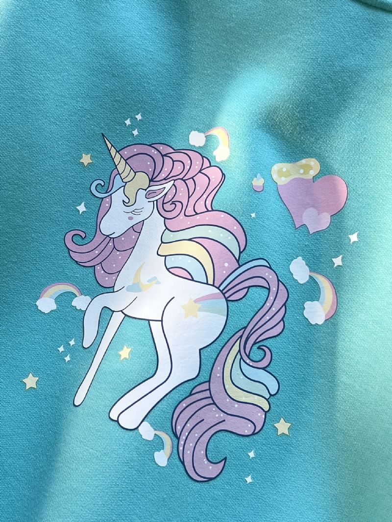 Jente Unicorn Print Fleece Tykning Varm Pullover Rund Hals Blondesøm Langermet Genser Høst Vinter