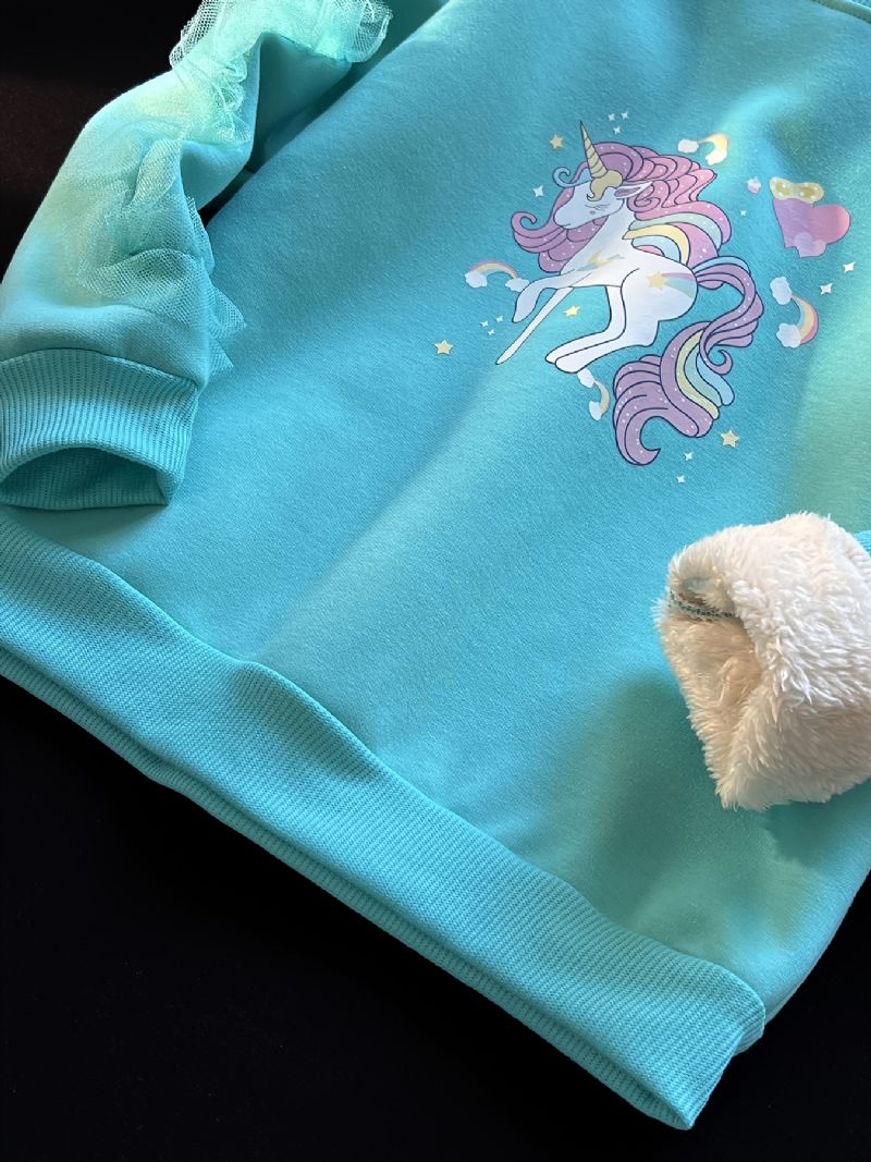 Jente Unicorn Print Fleece Tykning Varm Pullover Rund Hals Blondesøm Langermet Genser Høst Vinter