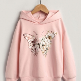 Jenter Casual Butterfly Print Rosa Langermet Hettegenser Med Rund Hals