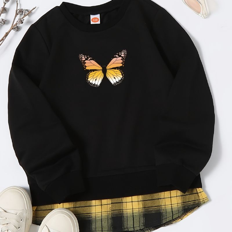 Jenter Pullover Butterfly Print Rundhals Langermet Sweatshirt Rutete Patchwork