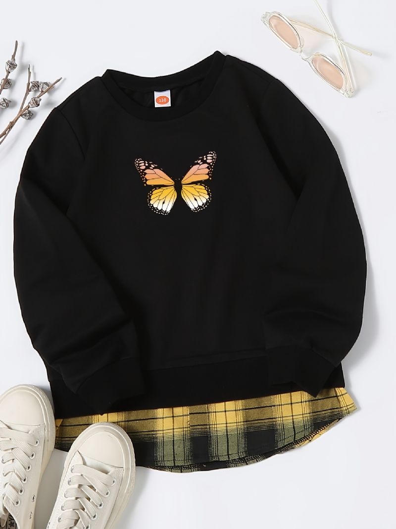 Jenter Pullover Butterfly Print Rundhals Langermet Sweatshirt Rutete Patchwork