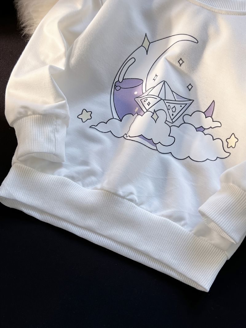 Jenter Pullover Cute Clouds Moon Print Langermet Sweatshirt Topper Barneklær