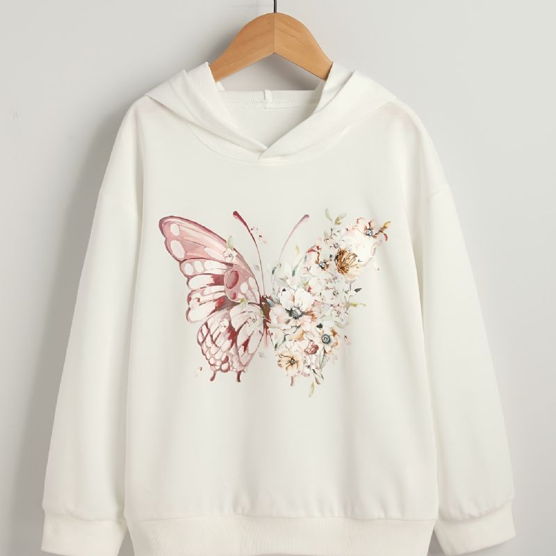 Jenter White Butterfly Animal Print Langermet Pullover Hettegenser Klær