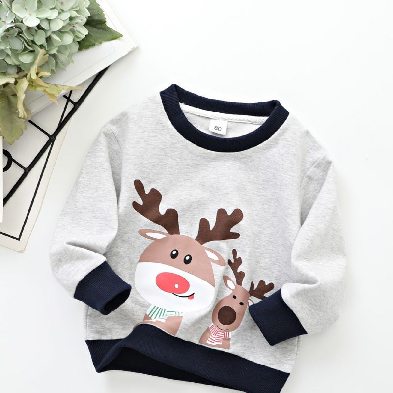 Nye Gutter Casual Christmas Elg Trykt Langermet Crew Neck Sweatshirt