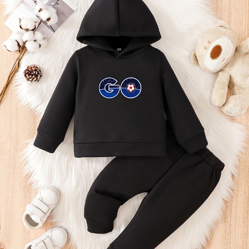 Småbarn Baby Go Print Fleece Varm Hettegenser Sweatshirt Bukser Sett For Gutter Jenter Høst Vinter